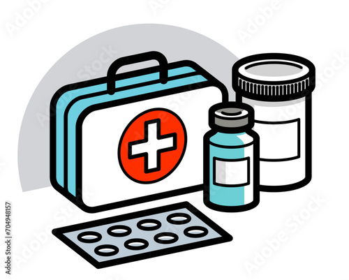 Medicine first aid medical kit theme pills and bottles 3d vector illustration isolated, medicaments and drugs, health care meds cartoon, vitamins or antibiotics, simple linear design.