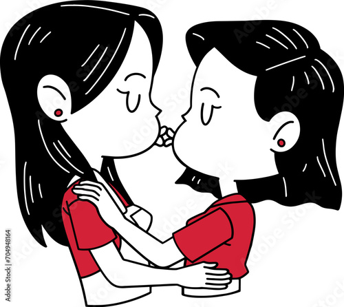 Cute lesbian couple kissing and hugging, valentine cartoon illustration