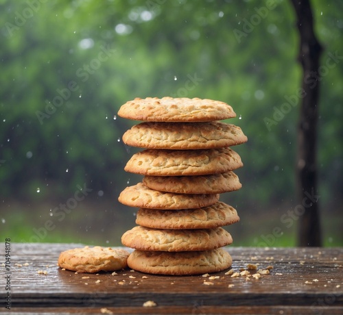 Stack of homemade cookies on a wooden table with raindrops falling on it