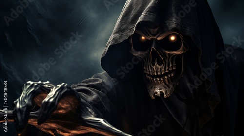 Grim reaper reaching towards the camera over dark background, generative ai