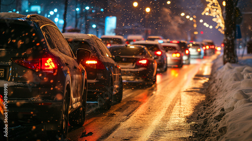 Traffic jams on the road in winter, winter holidays. Photorealistic, background with bokeh effect.  photo