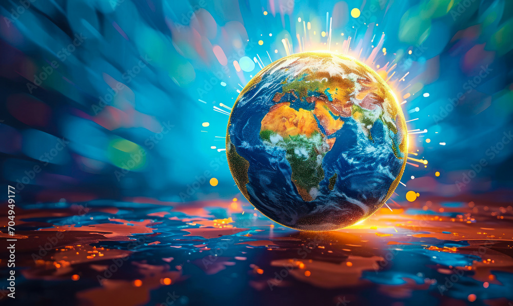 Vibrant digital illustration of a stylized globe with continents shining brightly, symbolizing global connectivity and diversity in a digital era - obrazy, fototapety, plakaty 