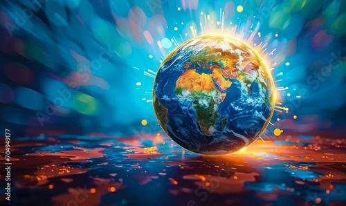 Vibrant digital illustration of a stylized globe with continents shining brightly, symbolizing global connectivity and diversity in a digital era