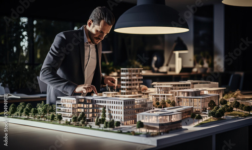 Focused Architect Reviewing a Detailed Architectural Model of Urban Buildings in a Well-Lit Modern Office Setting