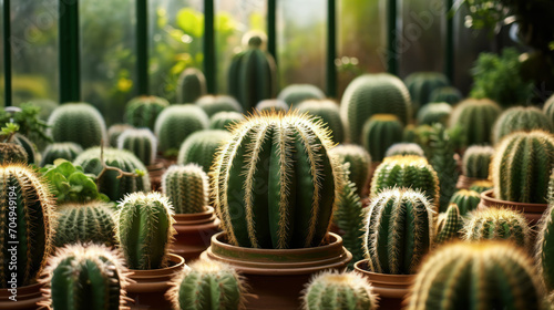 Verdant Collection of Spherical Cacti, a Symbol of Resilience and Adaptation, in a Serene Desert Greenhouse Environment photo