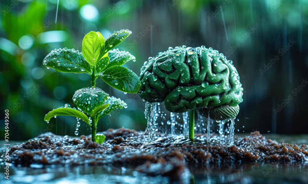 Conceptual image of a brain as a growing plant being watered, symbolizing mental growth and personal development - obrazy, fototapety, plakaty 