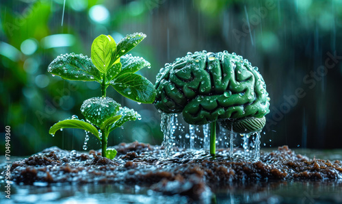Conceptual image of a brain as a growing plant being watered, symbolizing mental growth and personal development