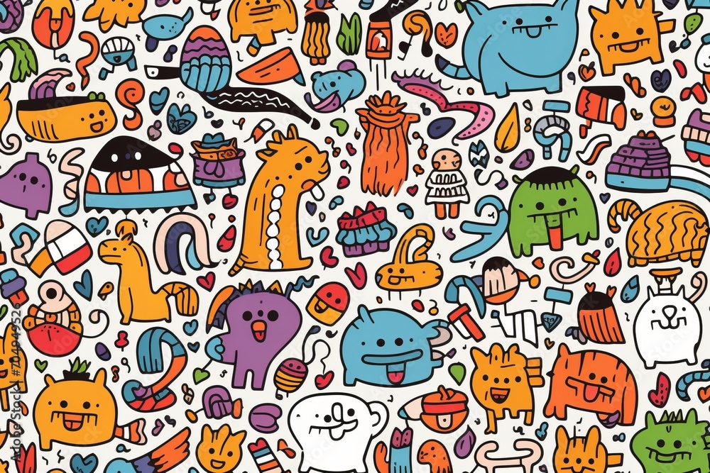custom made wallpaper toronto digitalCartoon cute doodles of playful animals and whimsical characters forming a delightful kids' seamless pattern, Generative AI