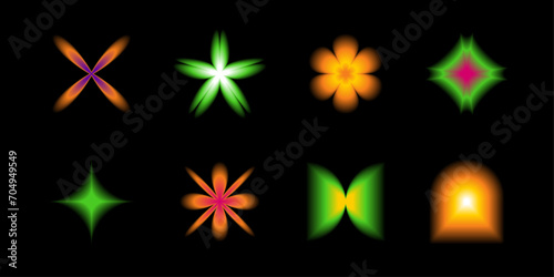 Green and orange aura geometric shapes collection. Blurry abstract figures with y2k gradient in brutalism style. Vector modern illustration