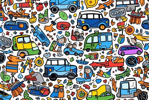 Cartoon cute doodles of kid-friendly vehicles, including cars, buses, and bicycles, creating a lively and fun seamless pattern, Generative AI © Starlight