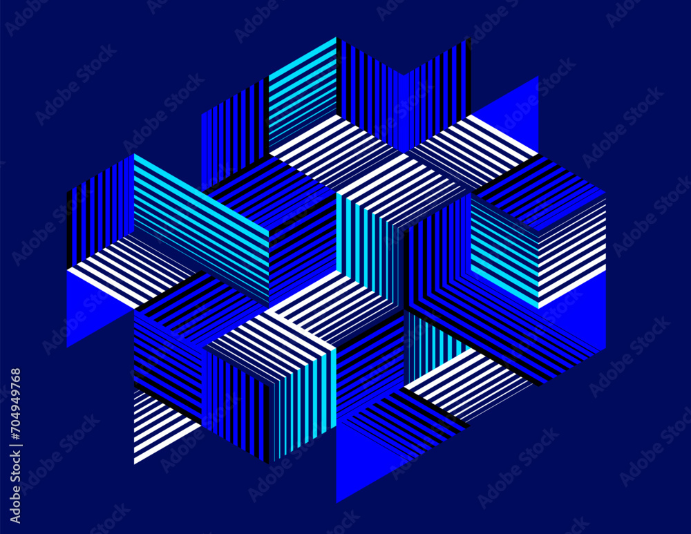 Dark blue vector abstract geometric background with cubes and different rhythmic shapes, isometric 3D abstraction art displaying city buildings forms look like, op art. Dark blue vector abstract geometric background with cubes and different rhythmic shapes, isometric 3D abstraction art displaying city buildings forms look like, op art.