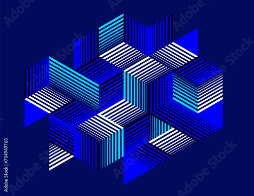Dark blue vector abstract geometric background with cubes and different rhythmic shapes  isometric 3D abstraction art displaying city buildings forms look like  op art.