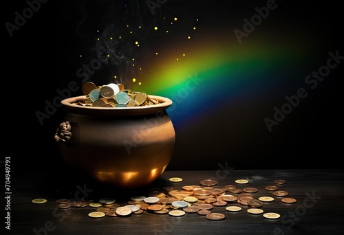 Gold pot full of coins and rainbow on dark wooden background. St. Patrick's day holiday symbol. Template for design card, invitation, banner