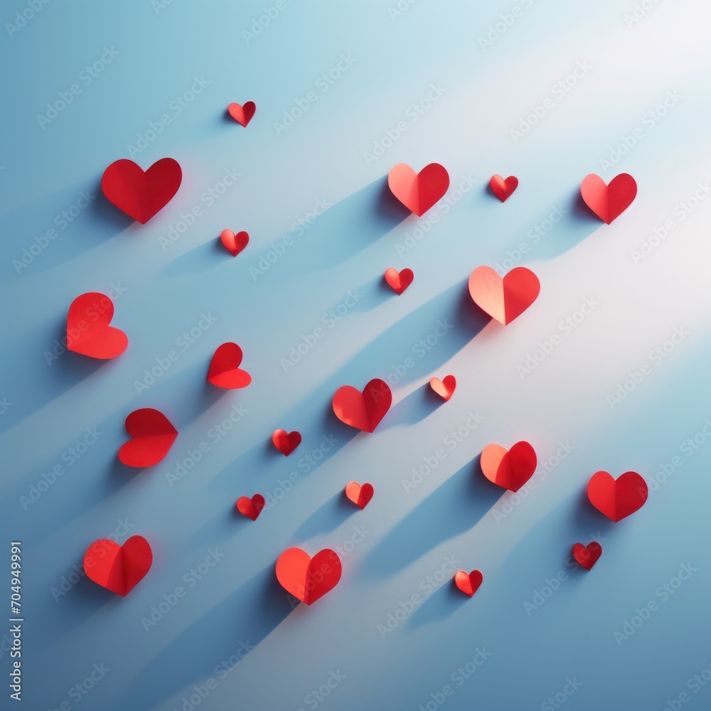 Bright red paper hearts scattered with crisp shadows on a cool blue background
