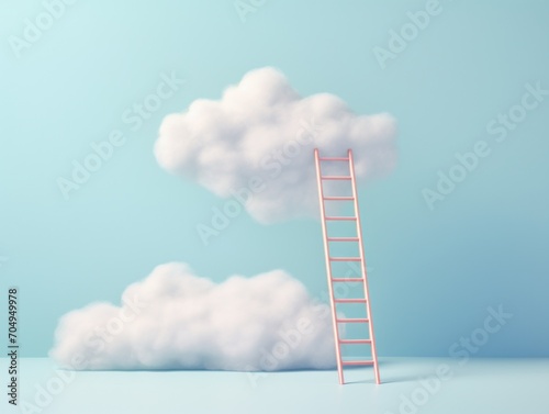 Surreal visual metaphor with red ladder reaching for a fluffy cloud on a tranquil sky blue background