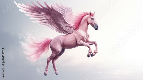  stunning pink Pegasus  a divine winged stallion  gracefully flying against a white studio background  embodying the mythical beauty of Greek mythology.