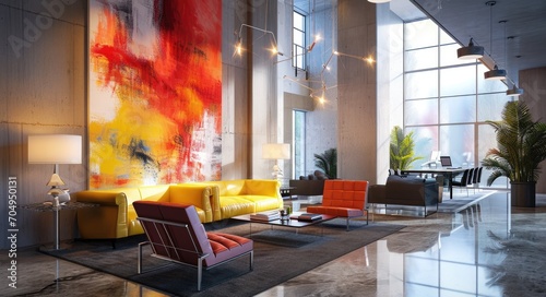 Modern Abstract Workspace  A Stylish Design Agency Lobby with Luxury Furniture and Creative Art