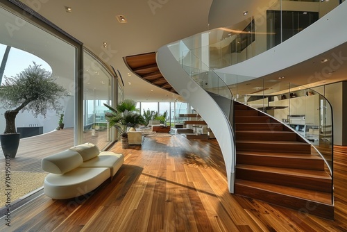 Modern Architecture  Glass Staircase and Parquet Flooring Inside a Stylish Loft