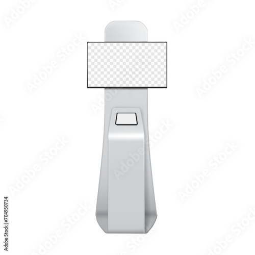 Exhibition LCD TV with tablet stand realistic mock-up. Blank digital display tradeshow stand vector mockup. Template for brand design