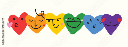 Pride Month Vector Illustration. LGBTQ Pride Month Logo or Symbol with Love Hearts in Progress Pride Flag Colors. Rainbow Hearts Pride Illustration for Badge, Sticker, Logo photo