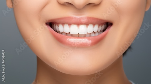 a closeup photo portrait of a handsome asian woman smiling with clean teeth.