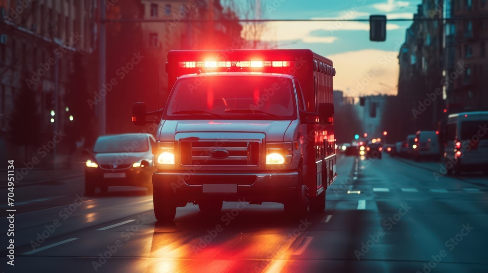 
A medical emergency ambulance is navigating through the city streets during daylight