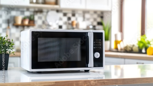 In a residential kitchen, there's a contemporary microwave with a sleek white and black design positioned on the kitchen table.