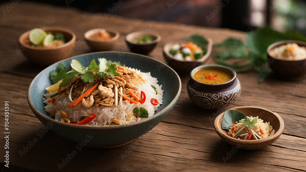 Present the beauty of Rice Thai cuisine through a side view lens, placing your delectable dishes on a rustic wooden table
Present the beauty of Rice Thai cuisine through a side view lens, placing your delectable dishes on a rustic wooden table