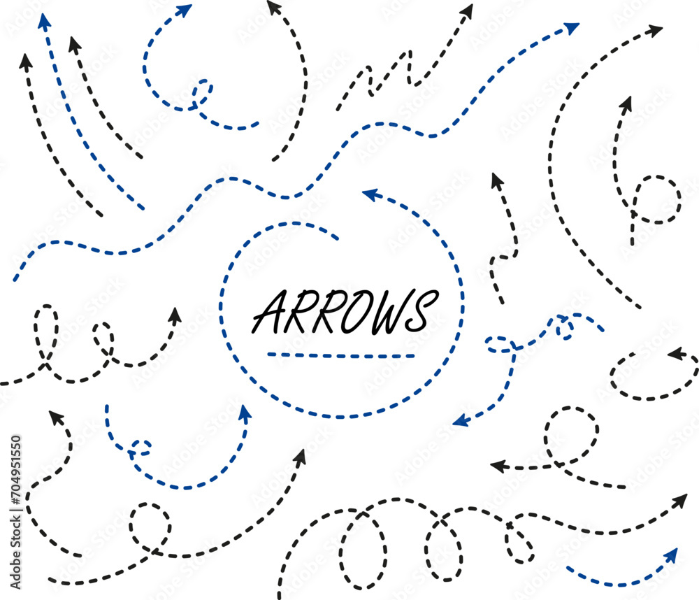 Big Set Arrows and directions signs. thin dash line with arrow. Dotted lines with arrows, forward, backward, up, down. Vector black and blue arrows, isolated on white background. Big Set Arrows and directions signs. thin dash line with arrow. Dotted lines with arrows, forward, backward, up, down. Vector black and blue arrows, isolated on white background.