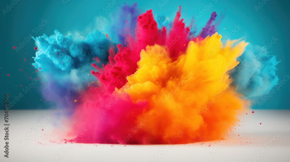 A stunning display of a vibrant powder explosion in pink, yellow, and blue hues against a contrasting turquoise background.