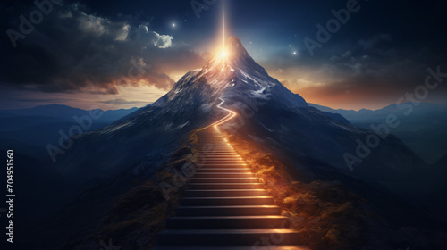 Glowing path to the top of the mountain
