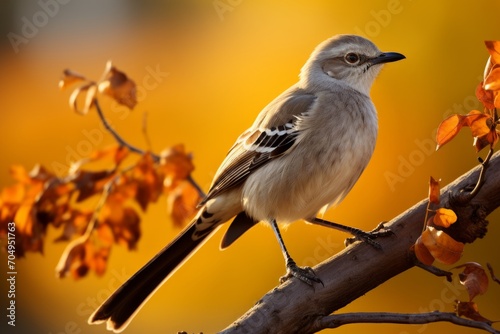 Mocking bird sitting on an autumn tree branch in a sunny day