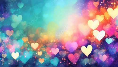 A vibrant abstract background with glowing hearts, impressionism art style