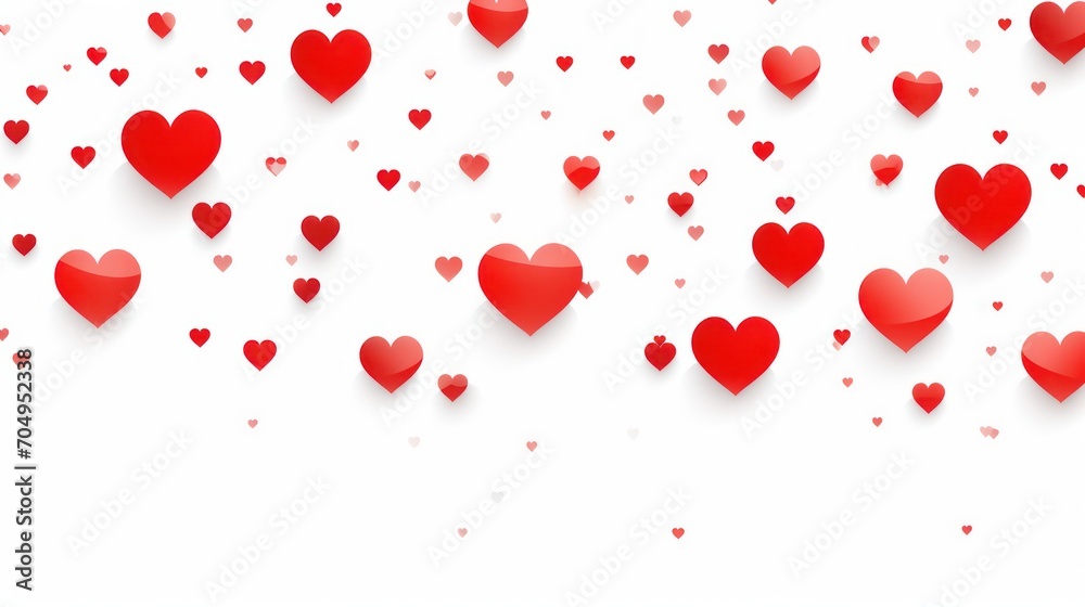  visual of red hearts cascading like raindrops, forming an abstract and enchanting display, set against a clean white background in celebration 