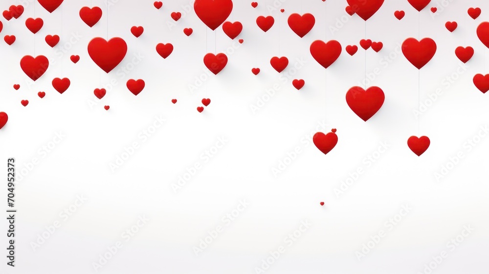 abstract red valentines day hearts raining down isolated on white background