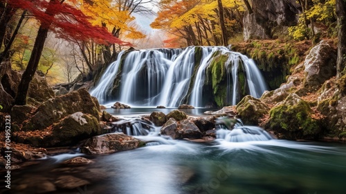 beautiful waterfall view in autumn