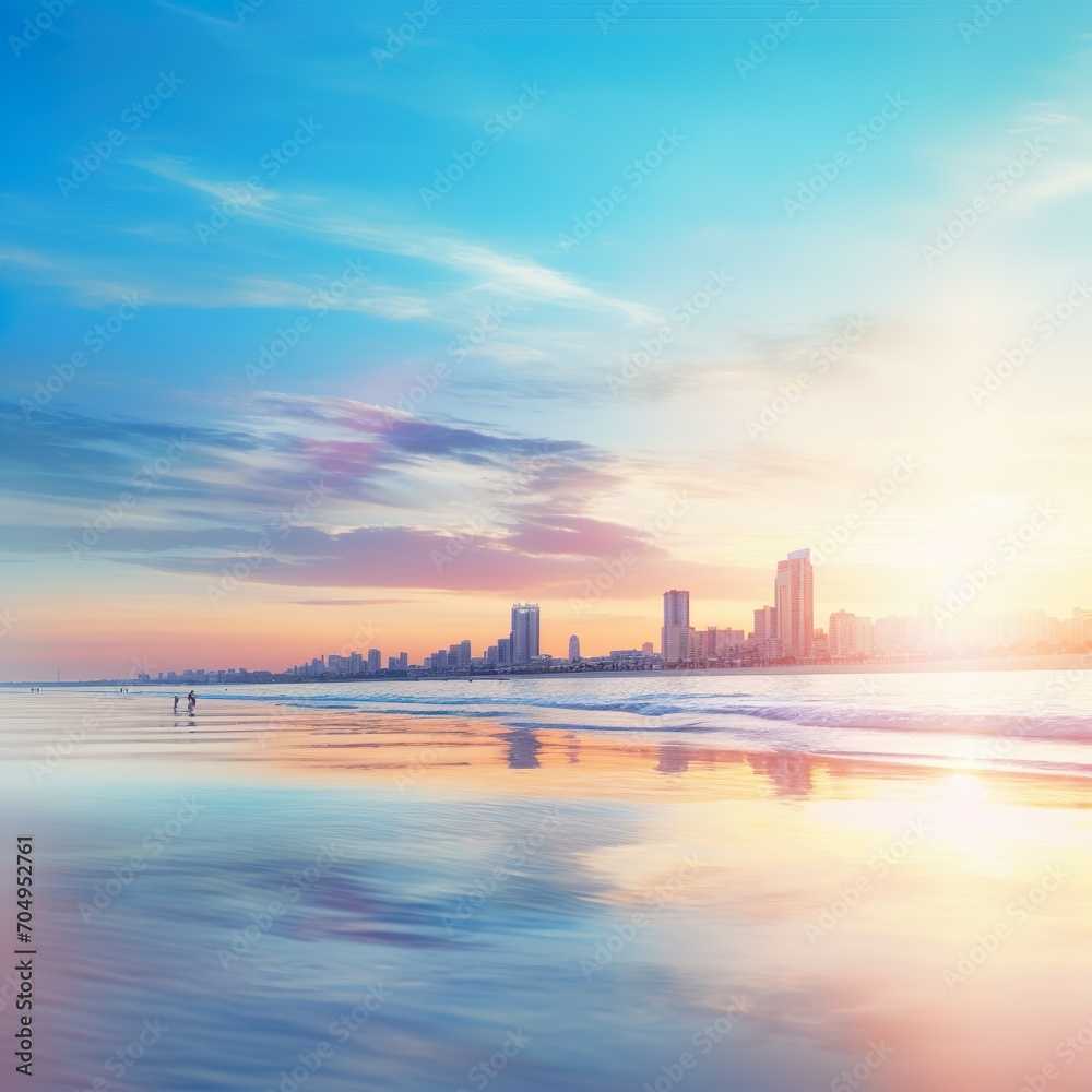 Abstract blur beach with white, yellow and blue city sky sunrise background in summer holiday concept. Blurred beautiful pastel color of sunset landscape with lens flare effect background.  - Gen AI