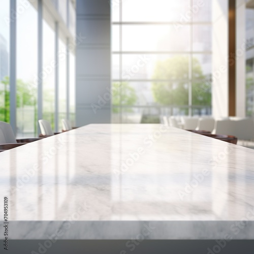 White marble table top and blurred abstract background from interior building backdrop with desk, counter work people in workplace. - Generative AI