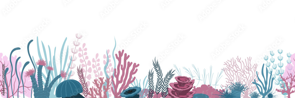 Seamles border with underwater panorama. Vector illustration.	 - obrazy, fototapety, plakaty 