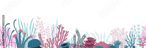 Seamles border with underwater panorama. Vector illustration. 