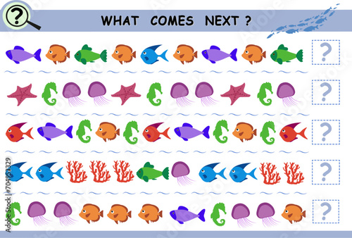 What comes next, continue the row of underwater objects and fish. Educational logical game for children. Vector illustration.