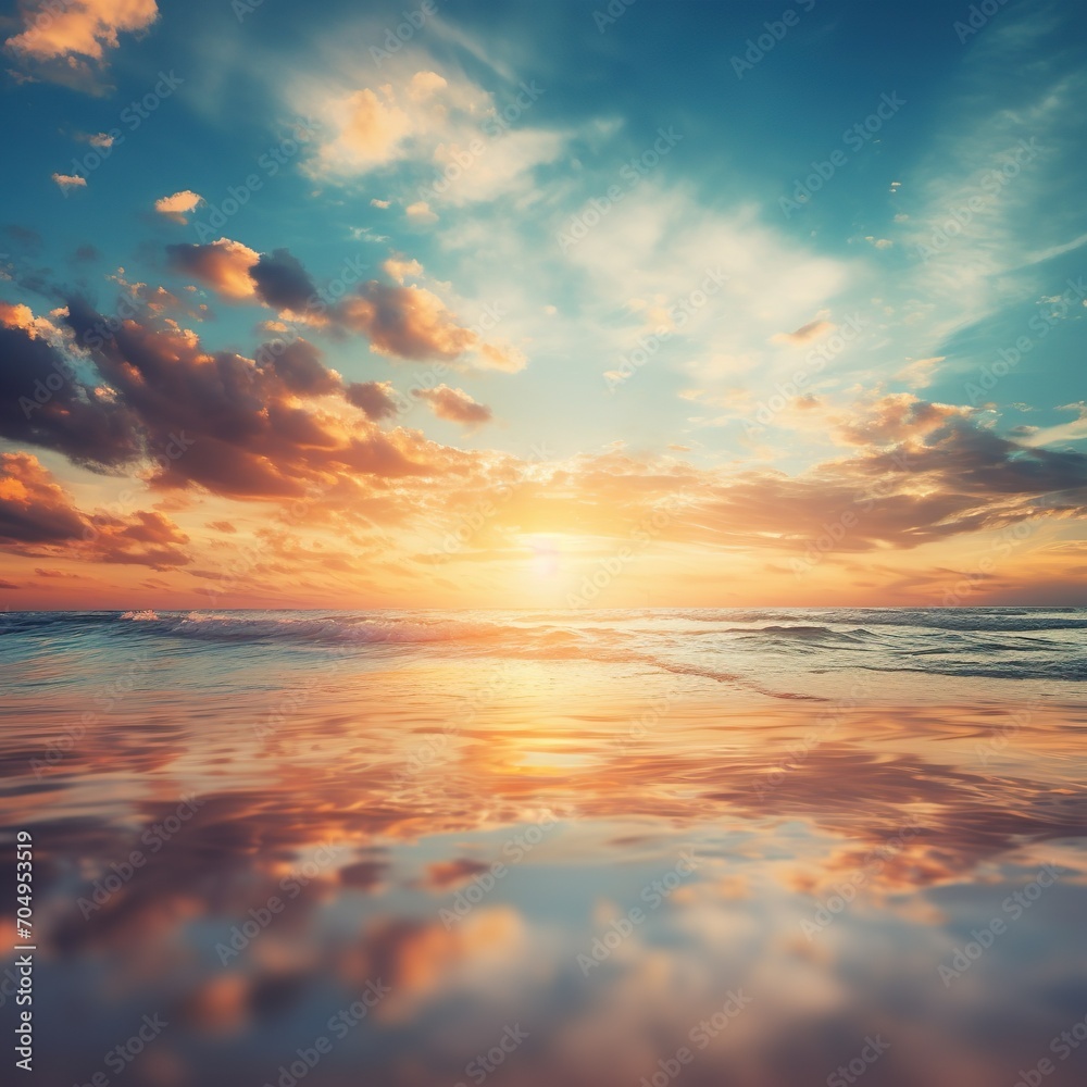 Abstract blurred sunlight beach colorful blurred bokeh background with retro effect autumn sunset sky have blue bright, white and color orange calm. - Generative AI