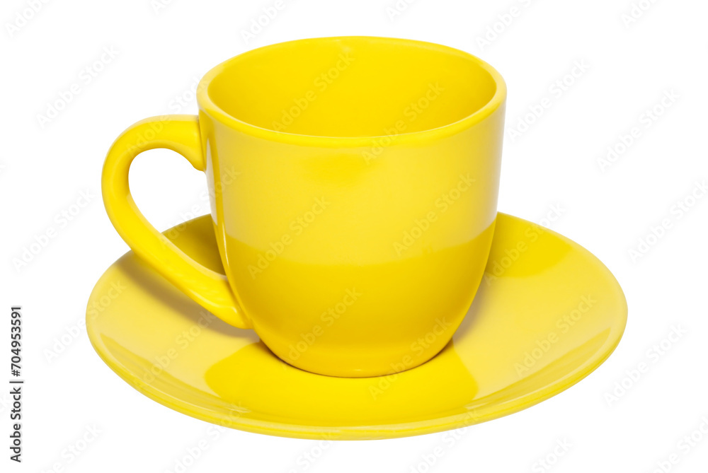 Yellow ceramic cup mug and saucer in PNG isolated on transparent background Yellow ceramic cup mug and saucer in PNG isolated on transparent background