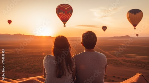 A joyful young couple enjoys the sunrise while observing hot air balloons.