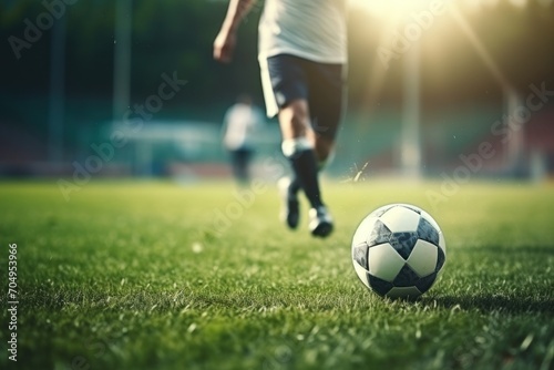  a close up of a soccer ball on a field with a soccer ball in the air in front of it.
