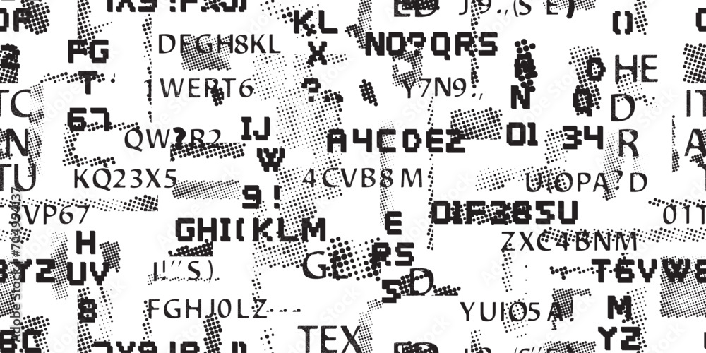 Glitch distorted abstract words . Seamless pattern texture. Pixel fonts .Screen print endless pattern texture