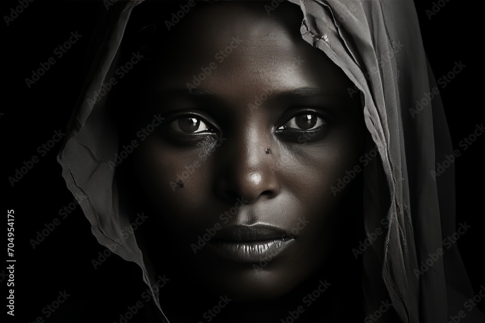 Naklejka premium An emotional portrait of an elderly african woman in front of a dilapidated house.