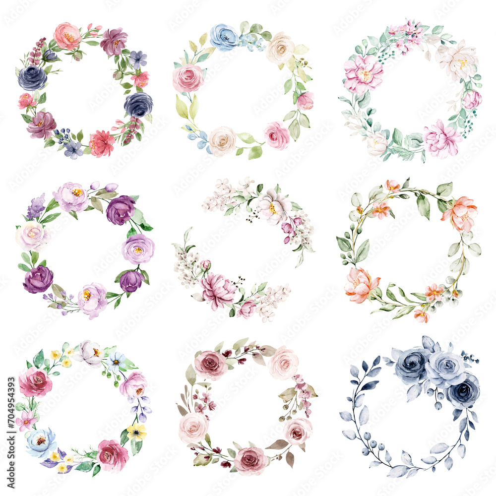 Wreaths, floral frames, watercolor flowers roses, peonies. Illustration hand painted. Isolated on white background. Perfectly for greeting card design.