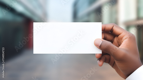 Hand holding blank business card copy space, generative ai photo