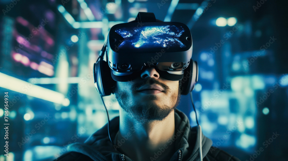 boy using VR virtual reality glasses. Futuristic games of the metaverse universe and future in digital technology. created with ai. boy using VR virtual reality glasses. Futuristic games of the metaverse universe and future in digital technology. created with ai.
